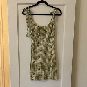 REFORMATION Green Gingham Dress with Floral Print